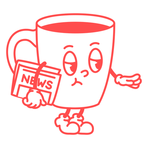 Taza de café de dibujos animados sosteniendo un periódico Diseño PNG