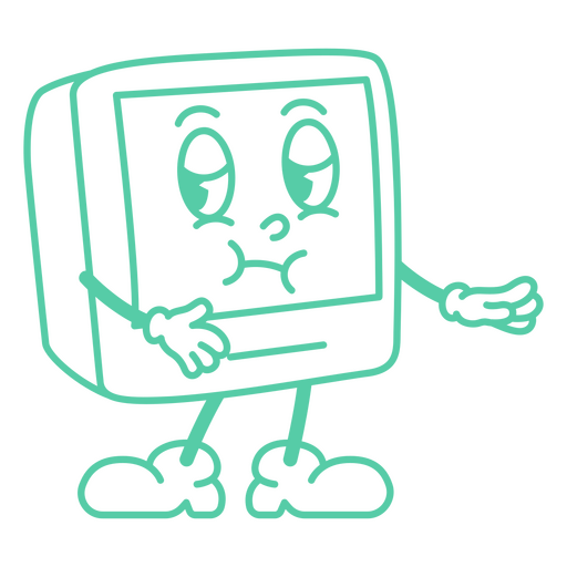 Computadora verde de dibujos animados con una cara triste Diseño PNG