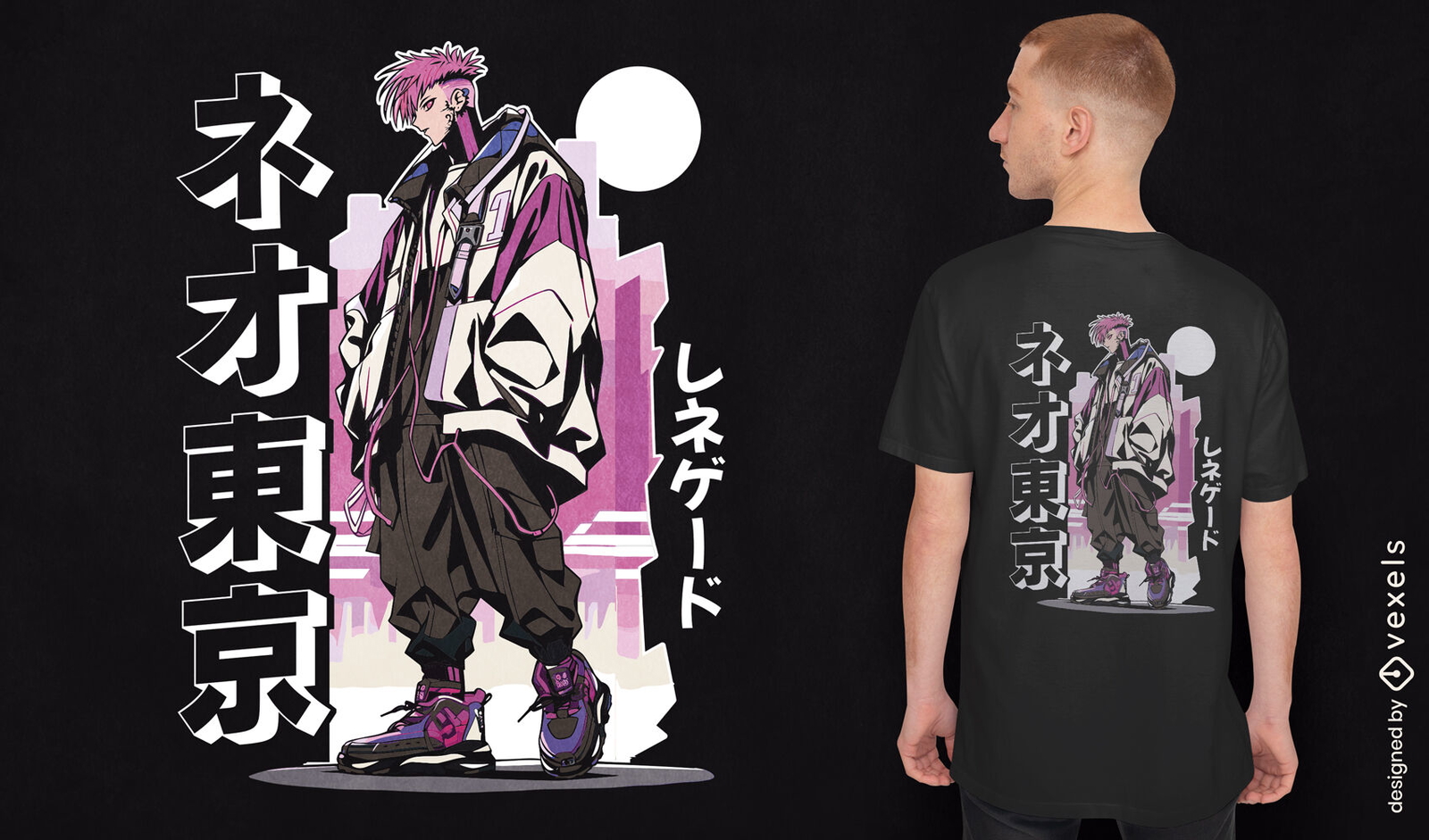 Diseño de camiseta de anime de hombre de pelo rosa.