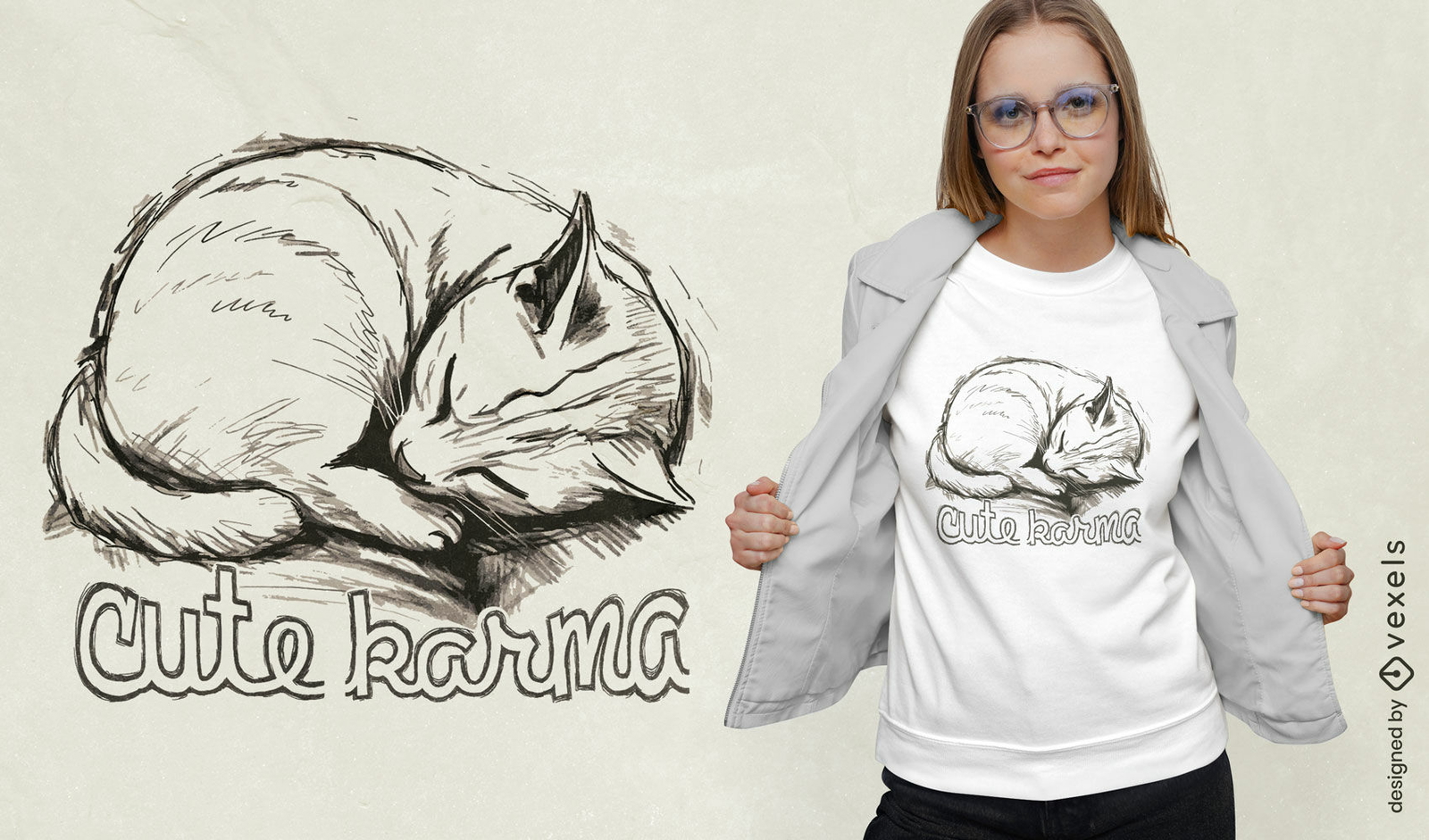 Lindo gato durmiendo diseño de camiseta dibujada a mano