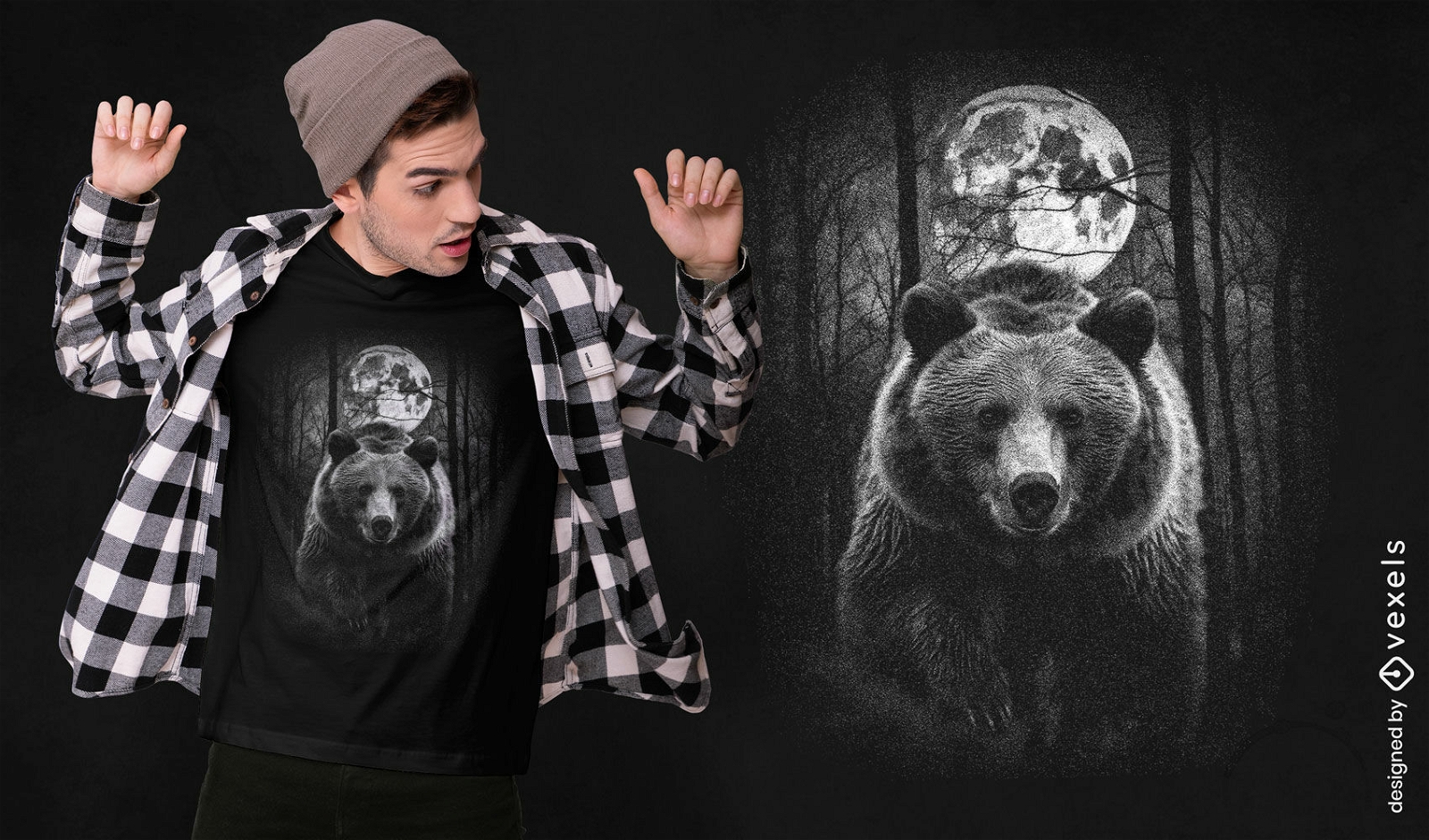 Design de camiseta com urso ao luar