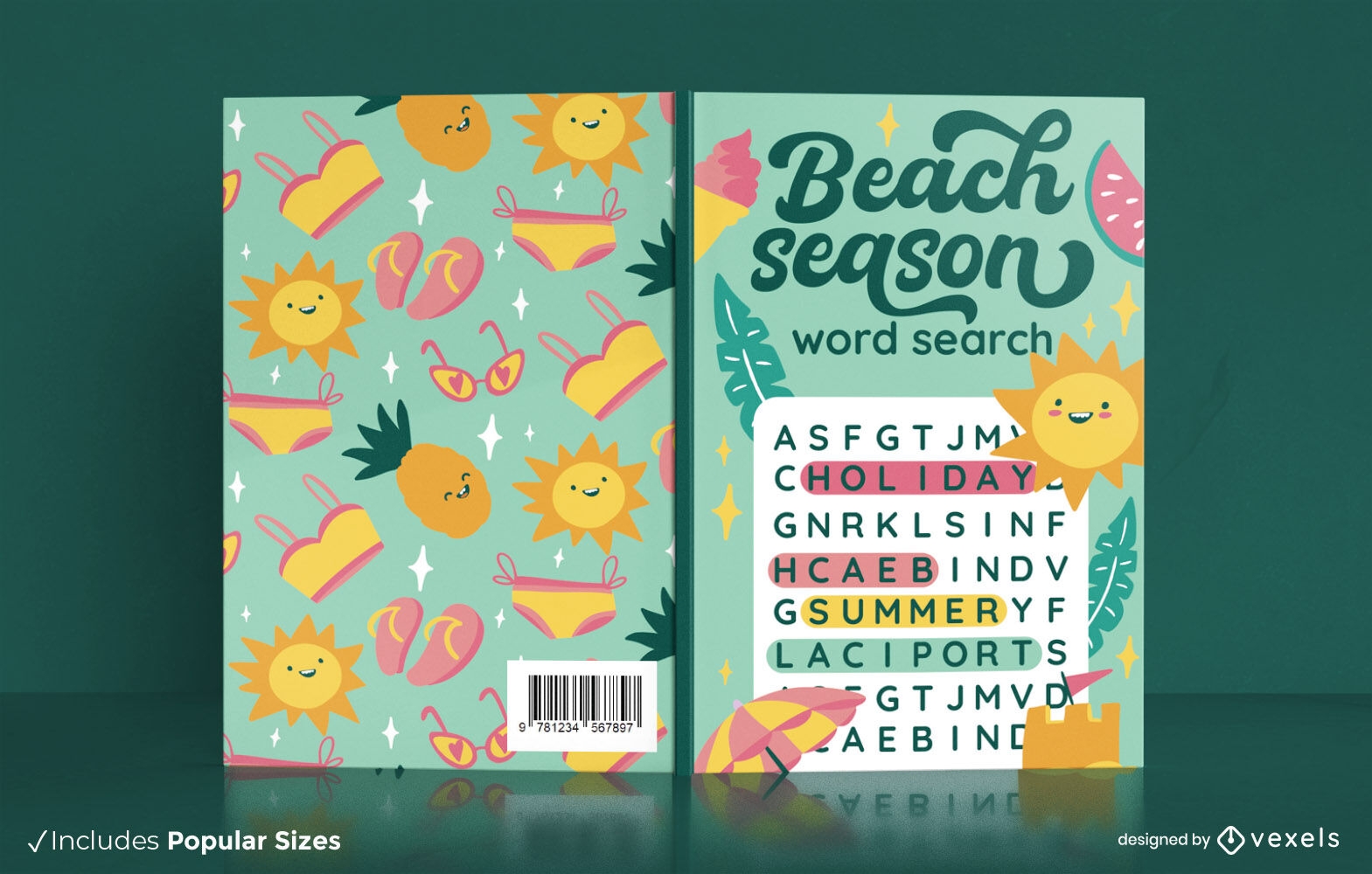Design de capa de livro de caça-palavras de praia KDP