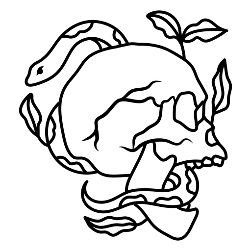 Design intrincado de caveira e cobra com elementos botânicos Desenho PNG