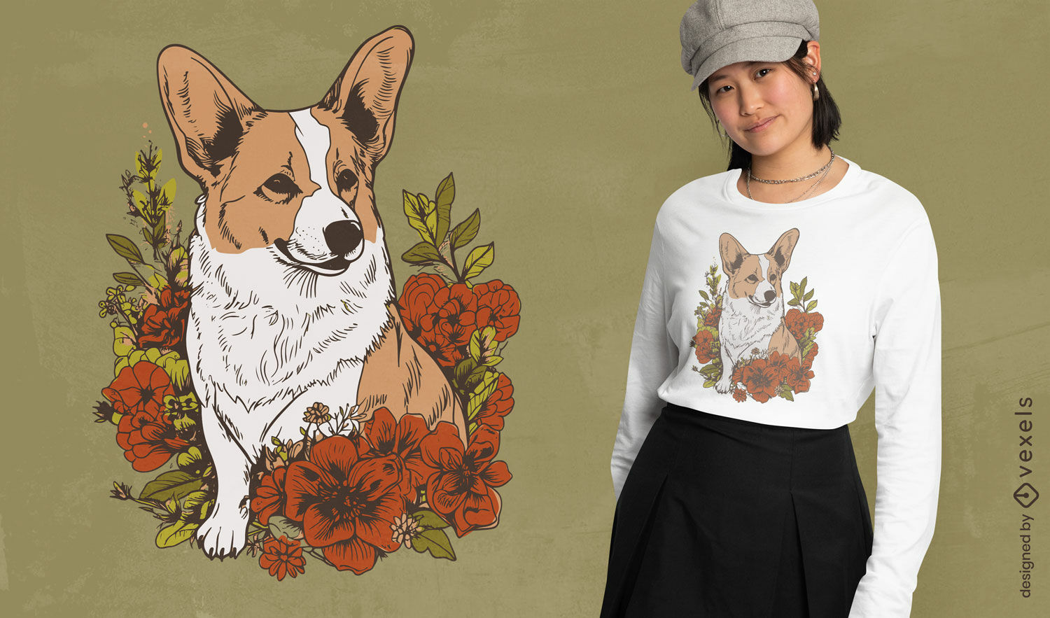 Diseño de camiseta de flores de perro Corgi