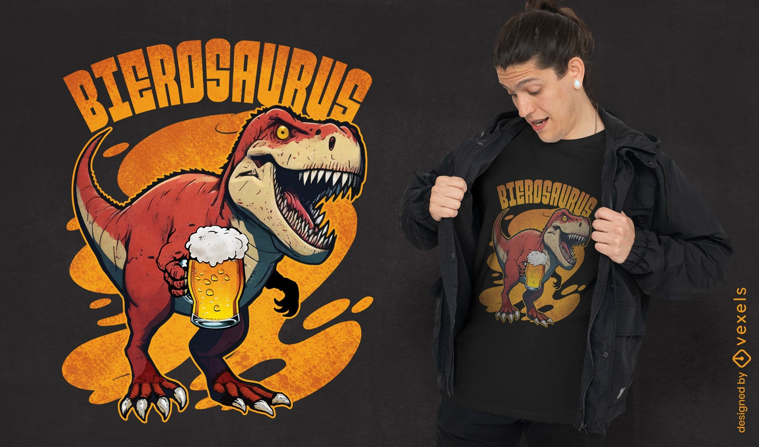 Diseño de camiseta de dinosaurio bebiendo cerveza.