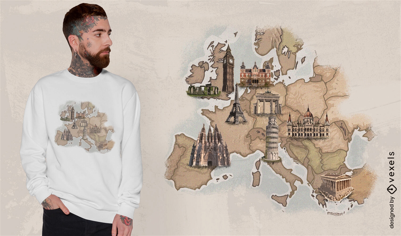 Diseño de camiseta de mapa de monumentos europeos.
