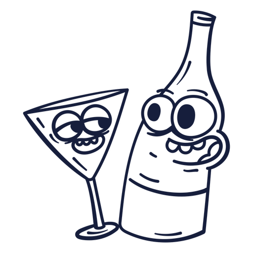 Caricatura de una copa de vino y una bebida. Diseño PNG
