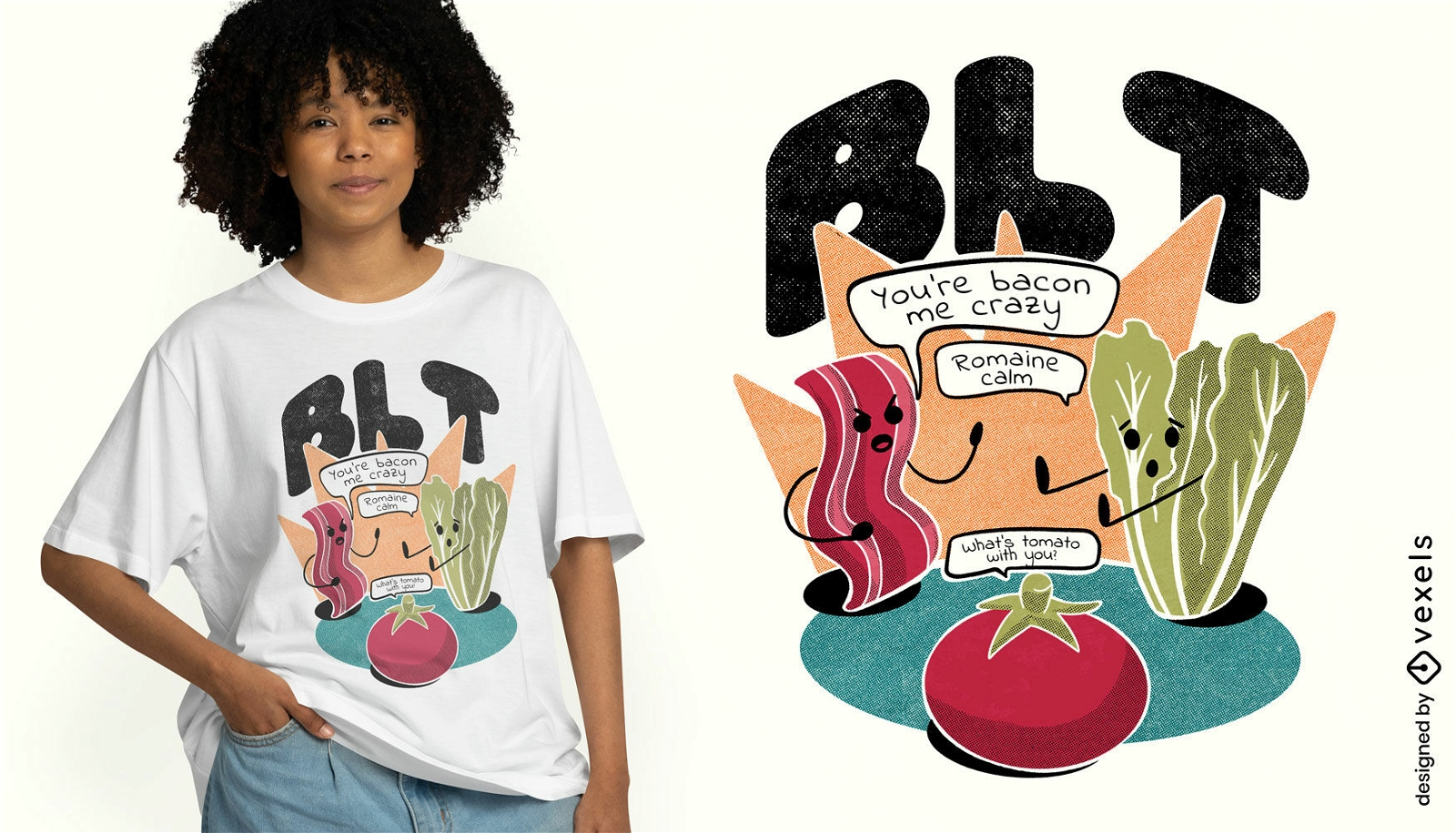 Diseño de camiseta de juego de palabras con personajes de comida.
