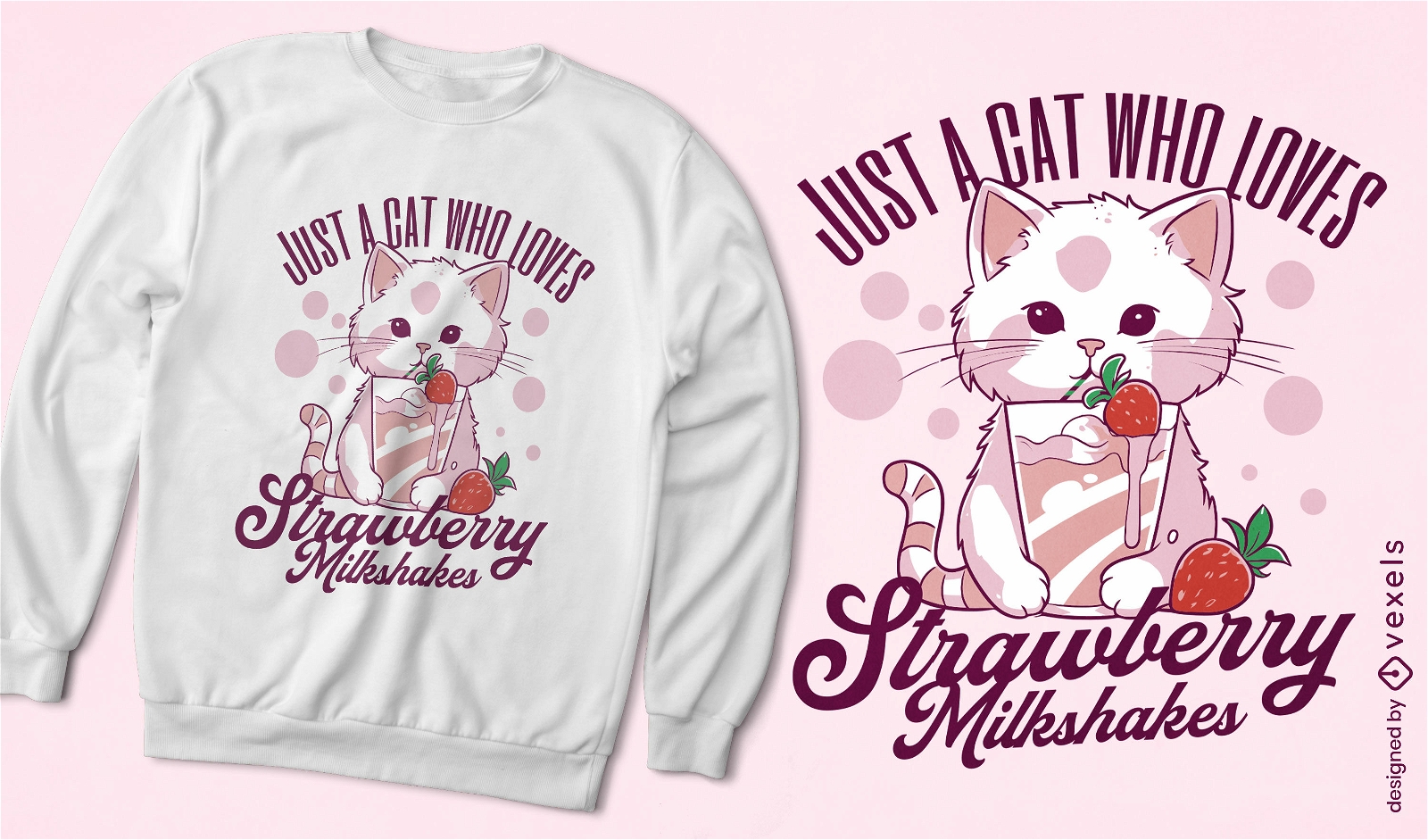 Diseño de camiseta de gato comiendo fresas.