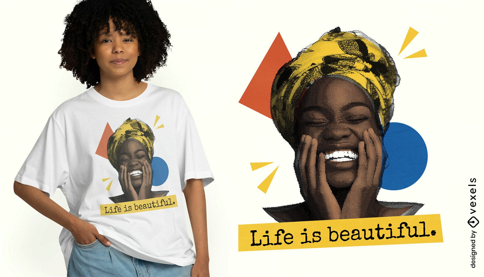 Fröhliche schwarze Frau mit realistischem T-Shirt-Design