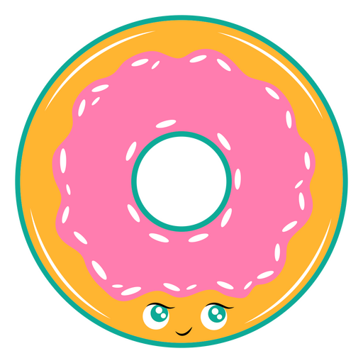 Donut de dibujos animados con cara rosada y ojos azules. Diseño PNG