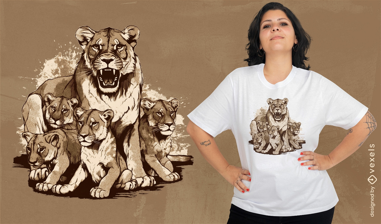 Diseño de camiseta de leona y cachorros.