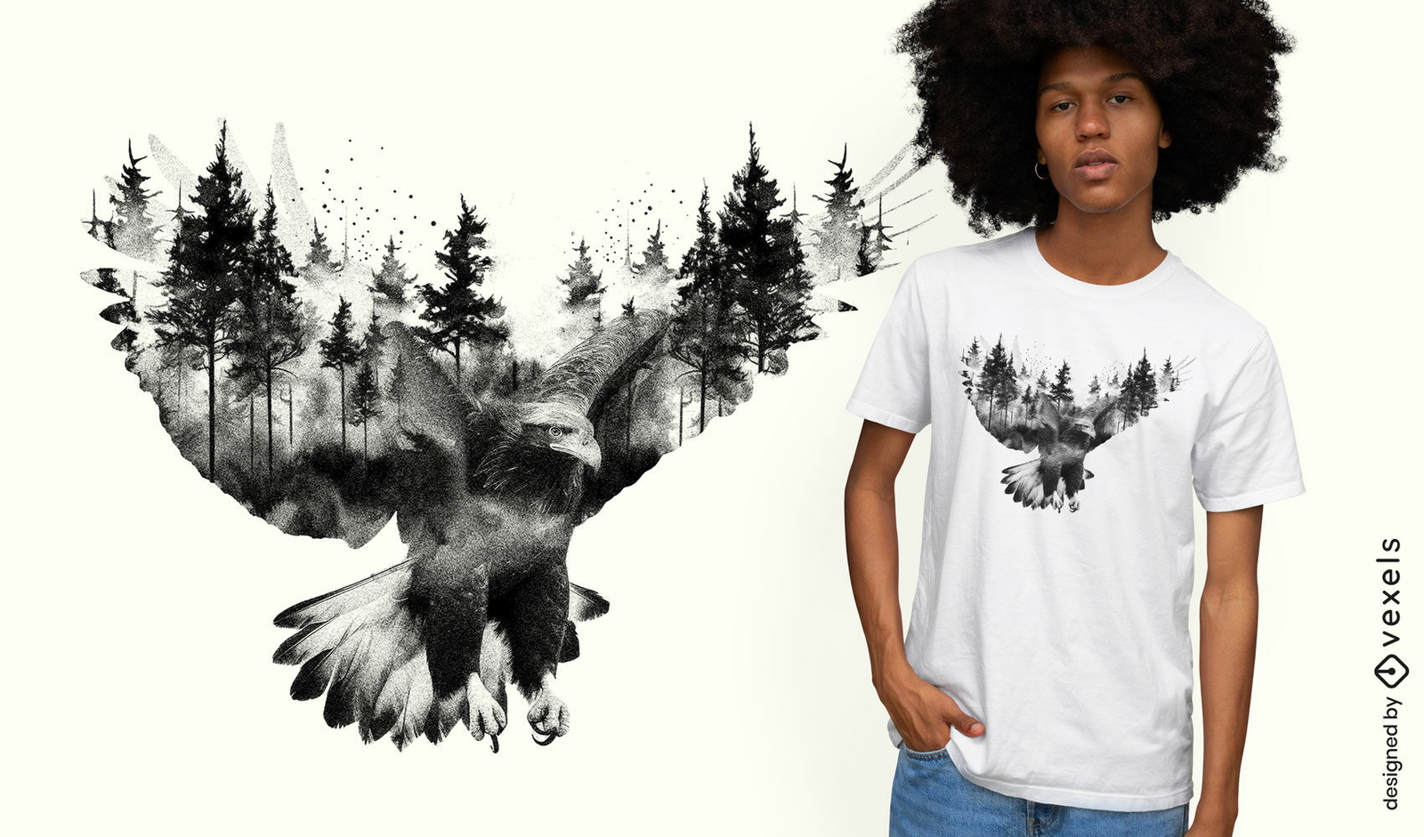 Diseño de camiseta de bosque y águila voladora.