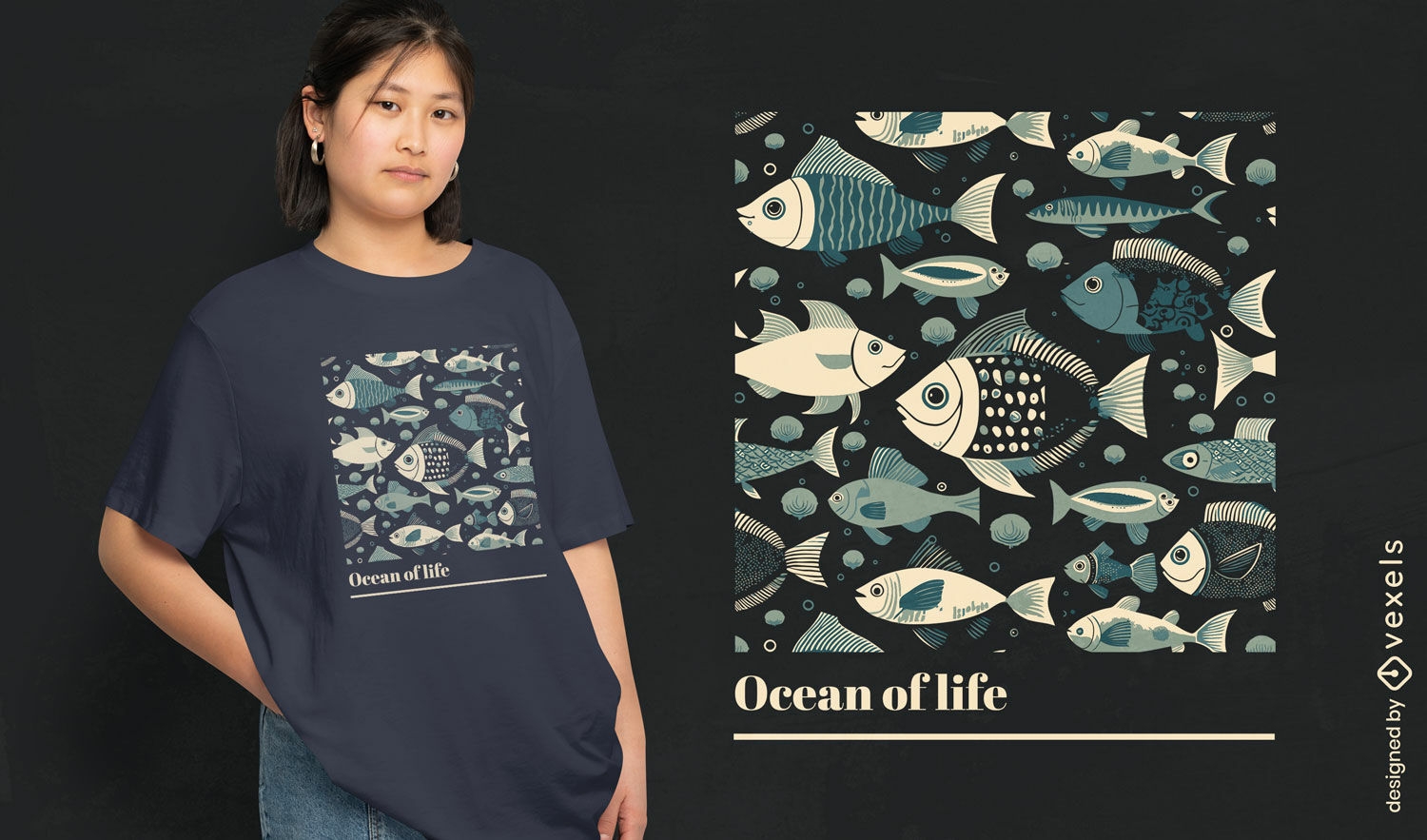 Fische schwimmen im T-Shirt-Design im Meer
