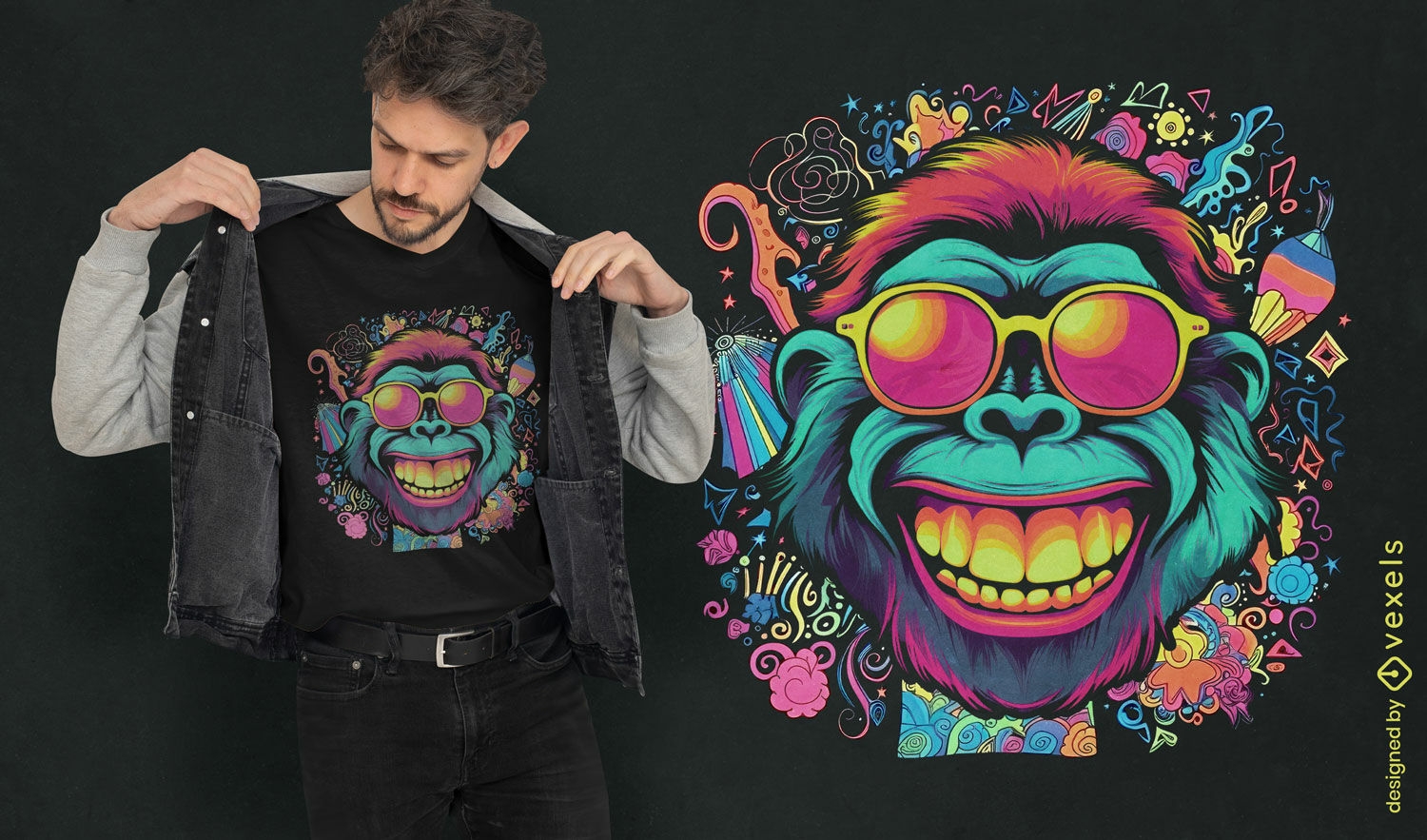Design de camiseta de macaco psicod?lico