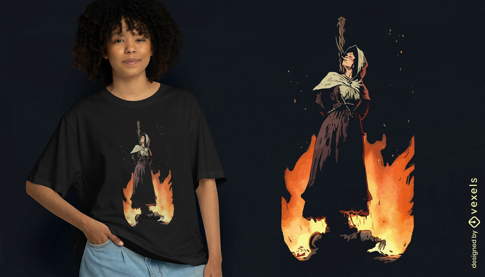Design de camiseta com ilustra??o de mulher queimando