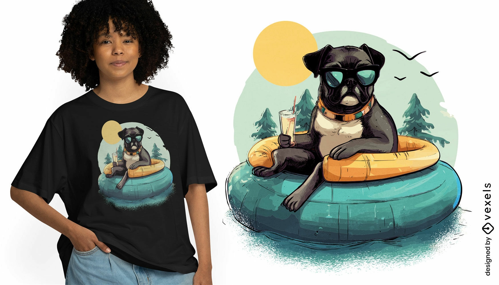 Design de camiseta para cachorro Pug relaxando na piscina