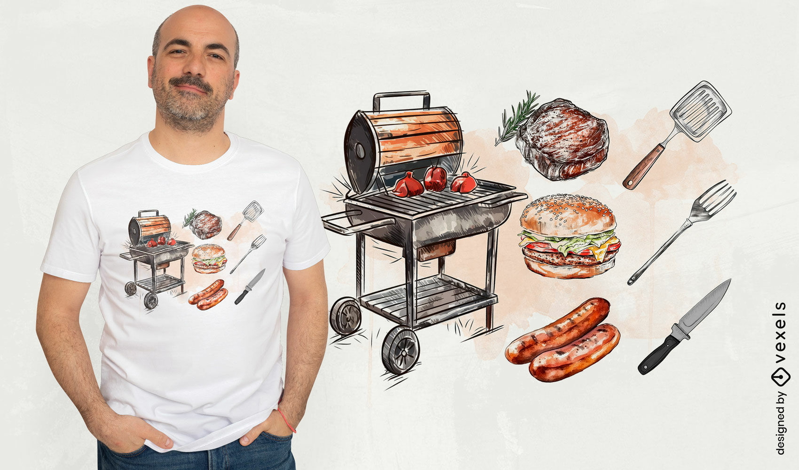 Diseño de camiseta con elementos de barbacoa.