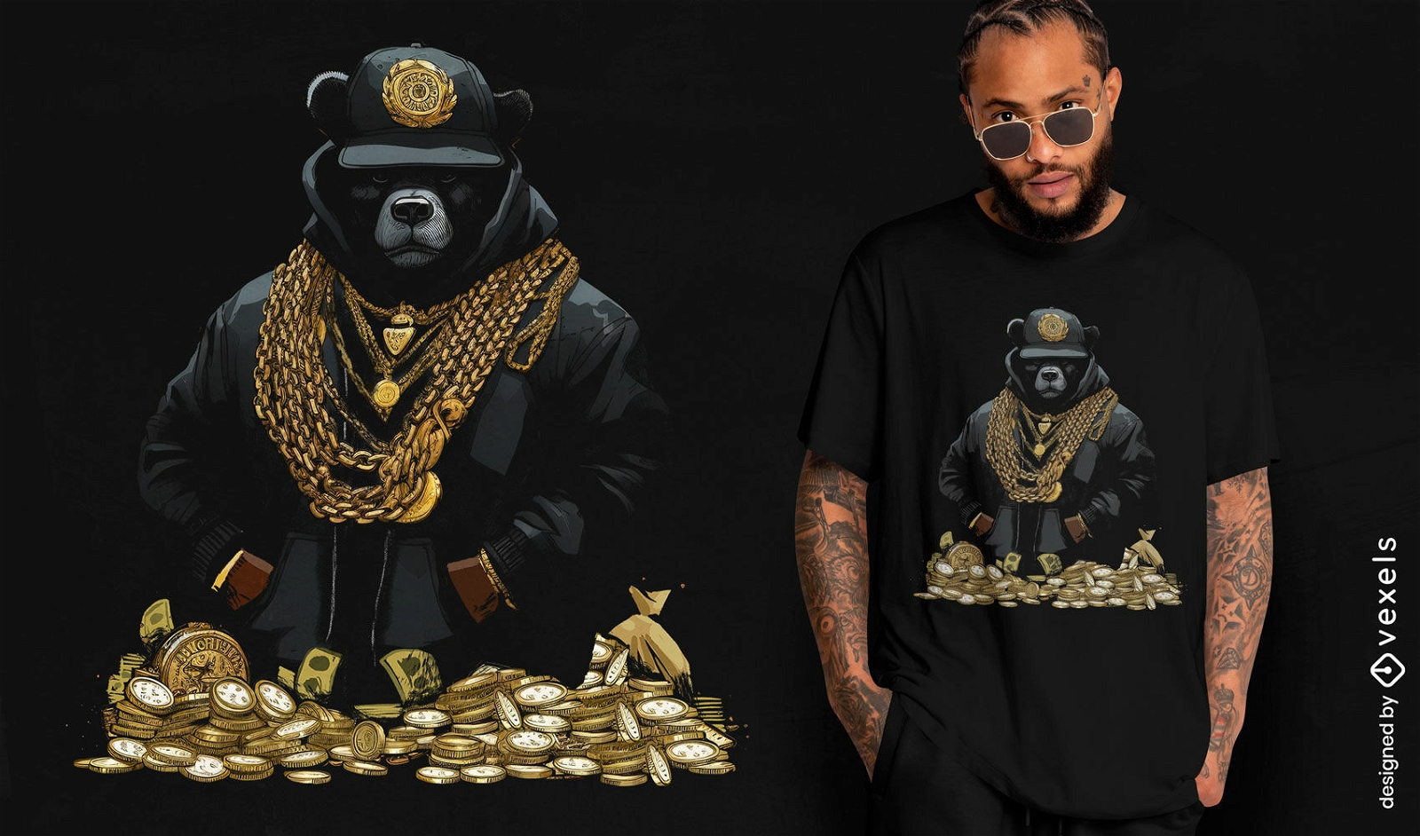 Diseño de camiseta dorada y oso hip hop.
