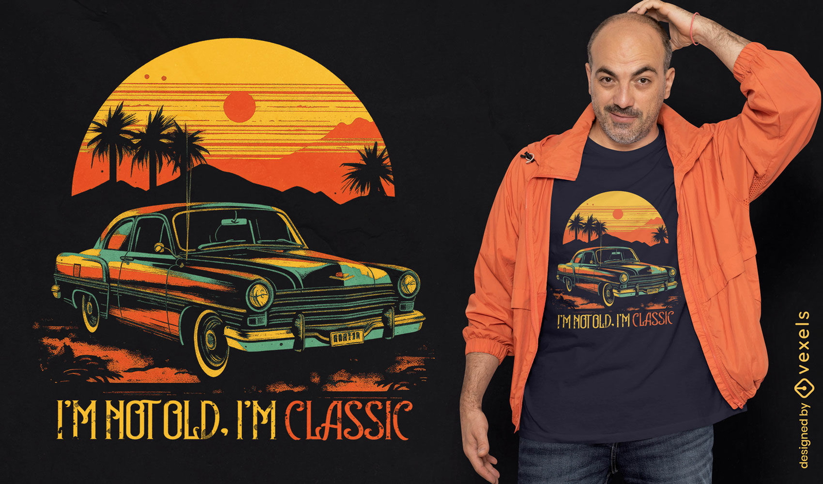 Diseño de camiseta puesta de sol de coche antiguo.