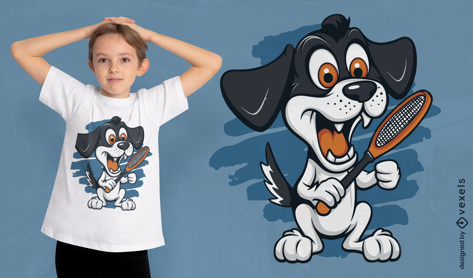 Cachorro segurando o design da camiseta da raquete de tênis