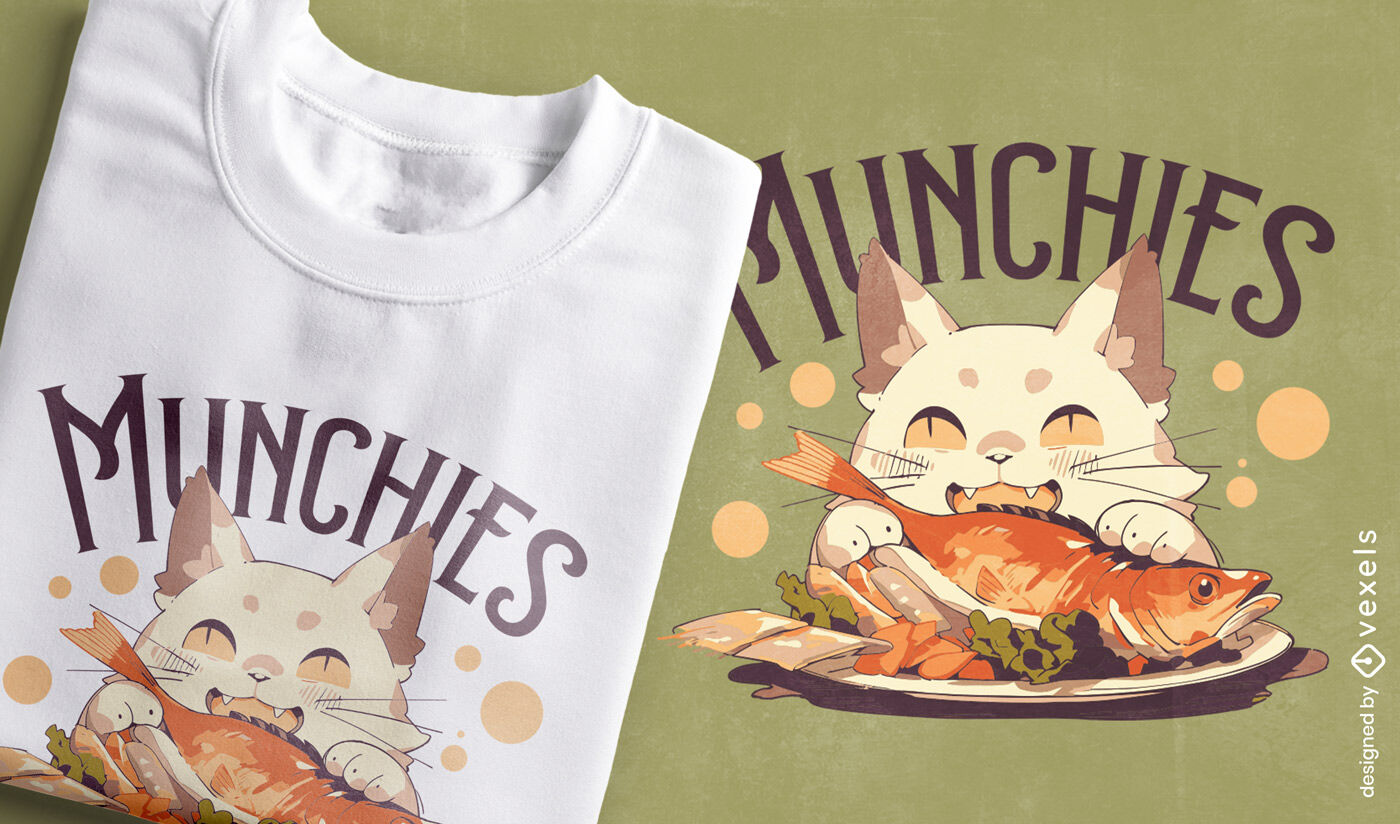 Munchiecat comiendo diseño de camiseta de pescado.