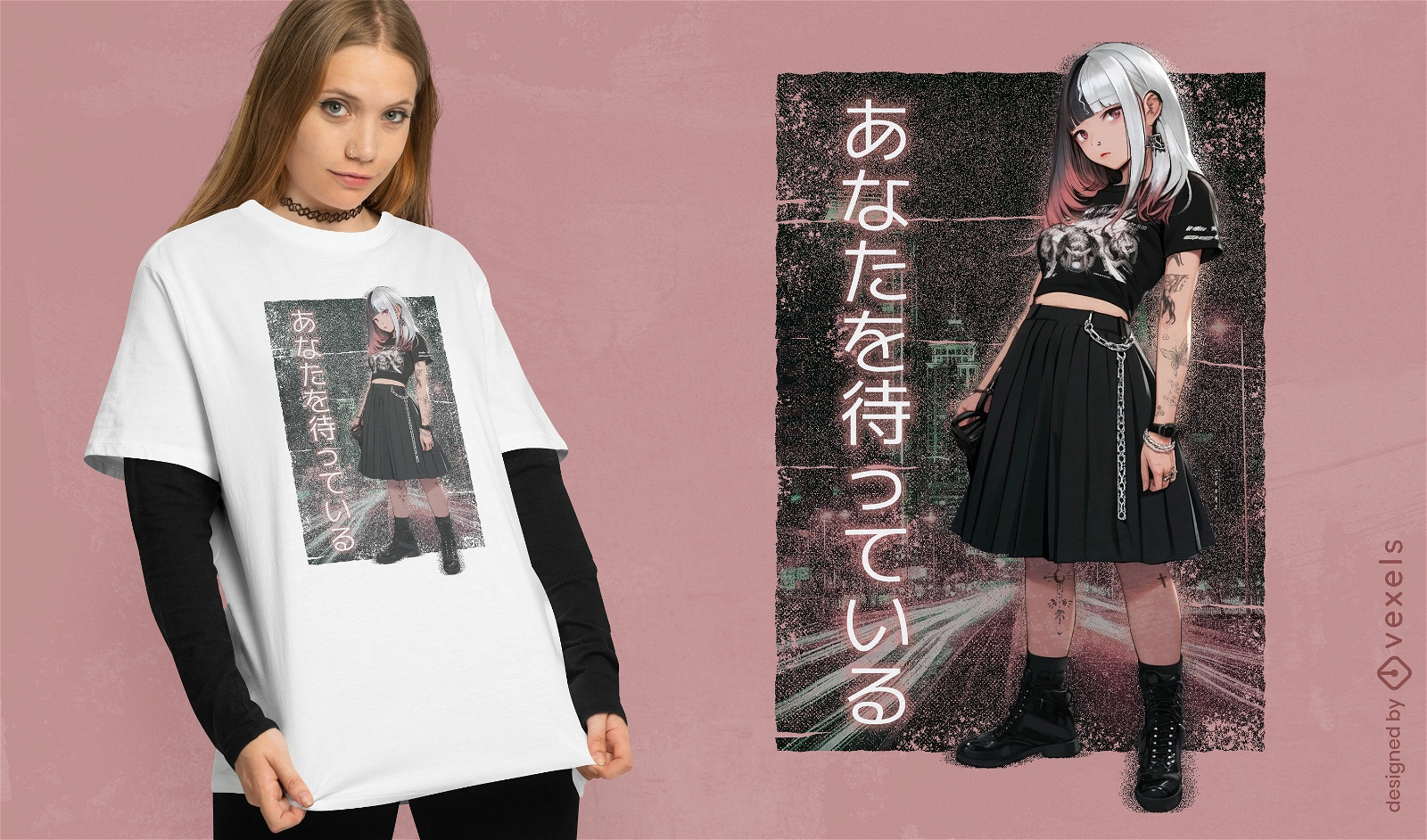 Weißhaariges Anime-Mädchen-T-Shirt PSD