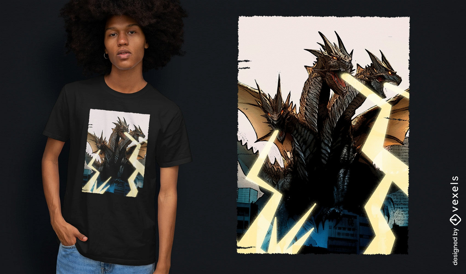 Diseño de camiseta de dragón mítico de tres cabezas.