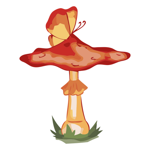 Colorful butterfly perched on a stylized mushroom design PNG Design