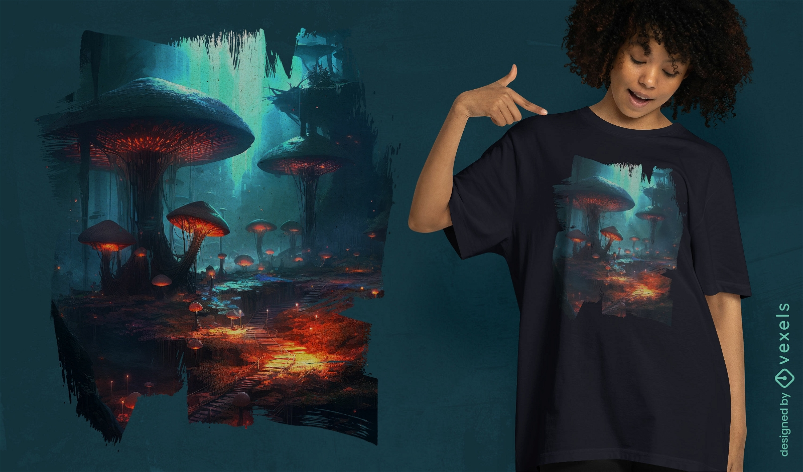 Design futurista de camiseta do reino dos cogumelos