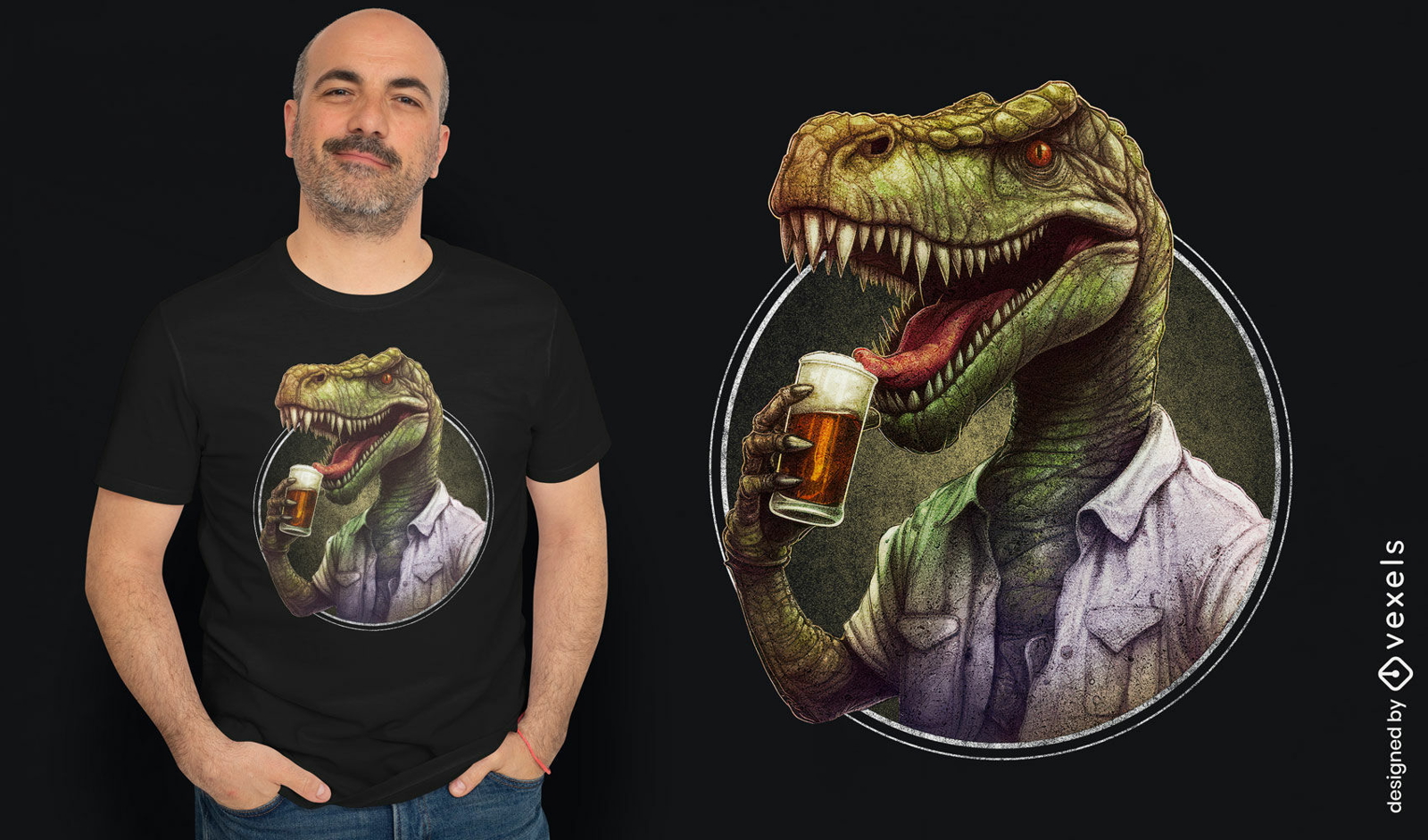 Design de camiseta T-Rex com cerveja
