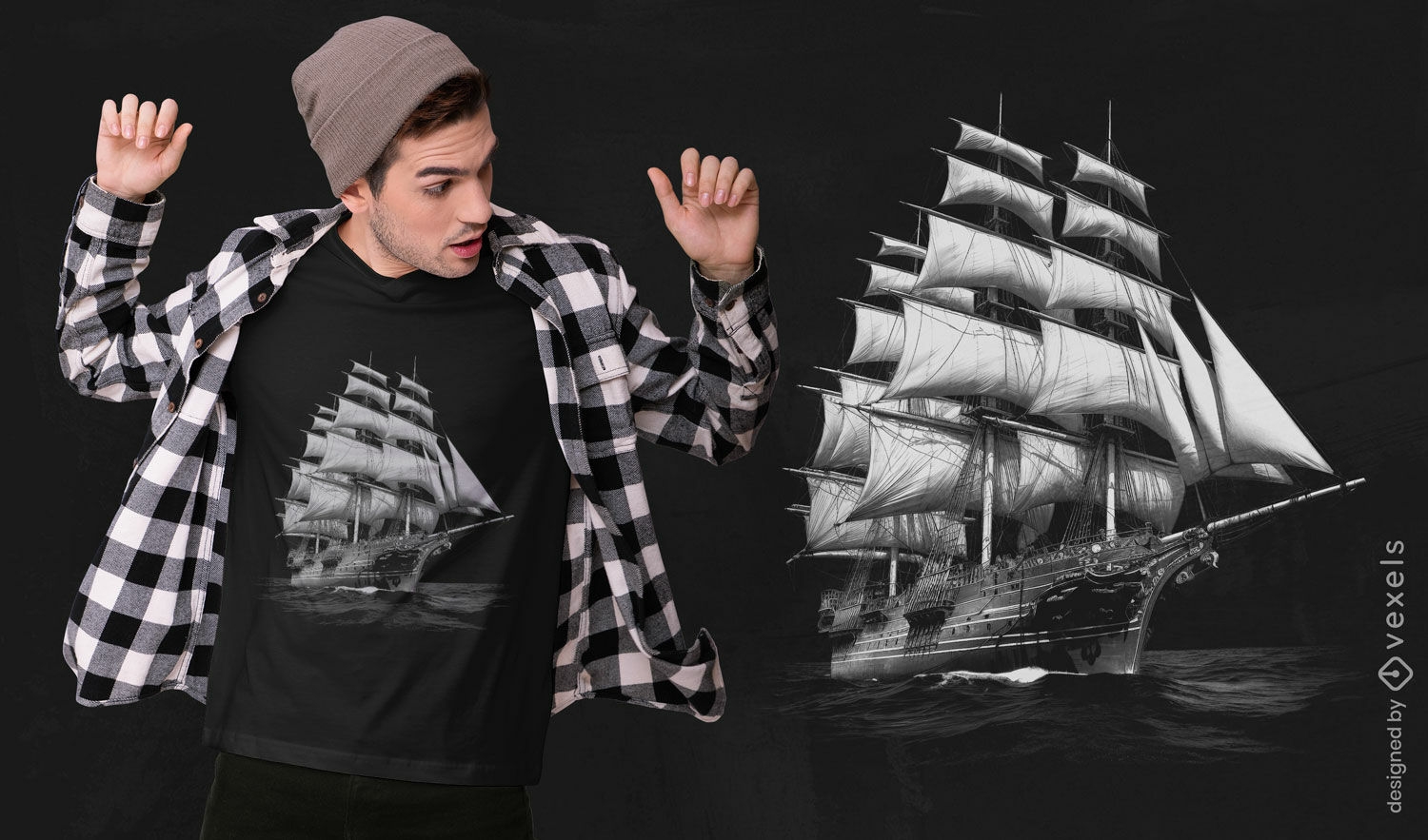 T-Shirt-Design mit nautischer Schiffsskizze