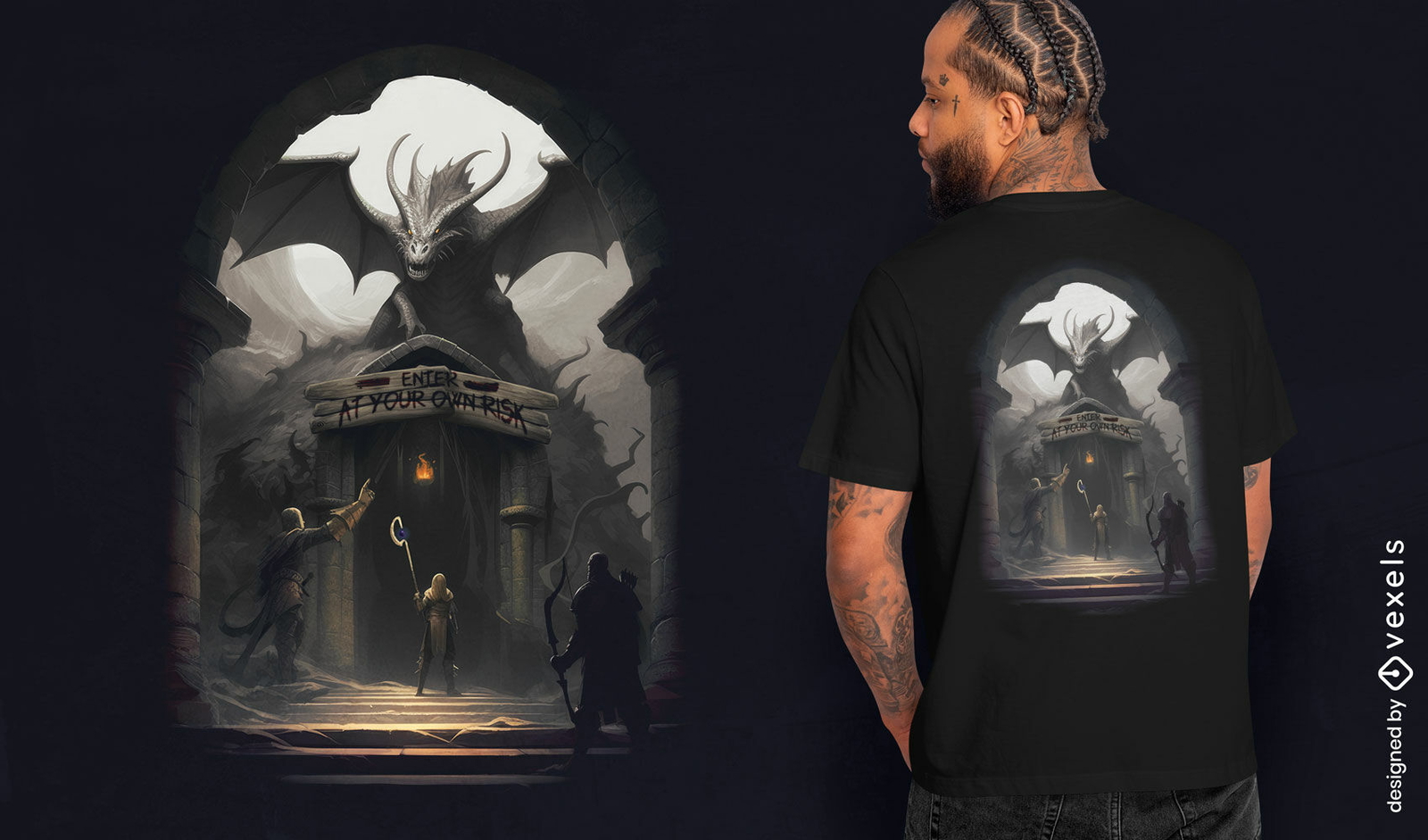 Diseño de camiseta de aventura en mazmorra misteriosa.