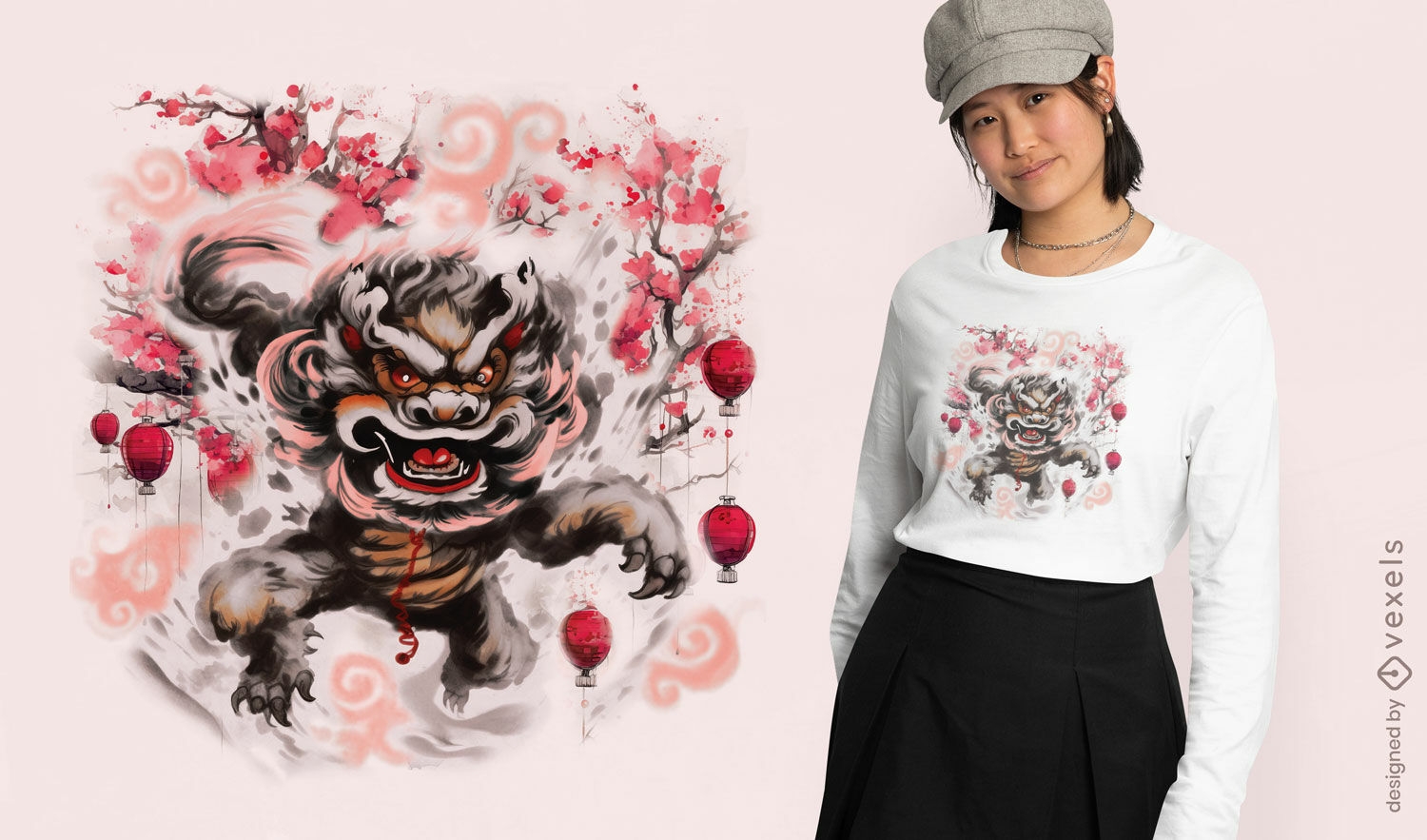 Diseño de camiseta de león chino en acuarela.