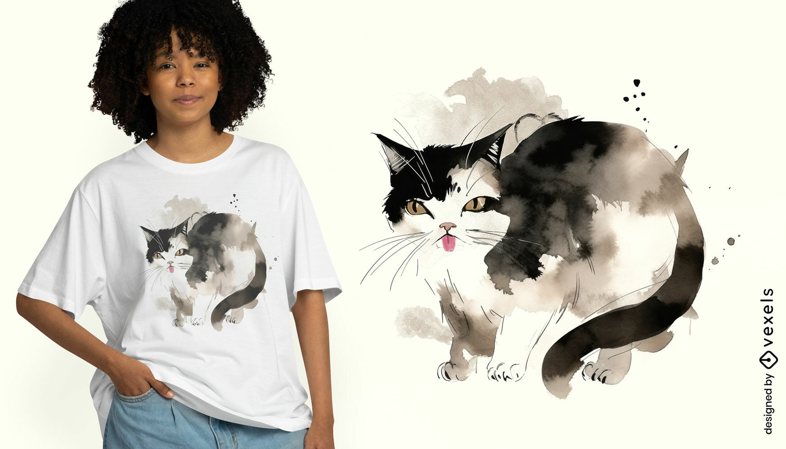 Diseño de camiseta con ilustración de gato juguetón.