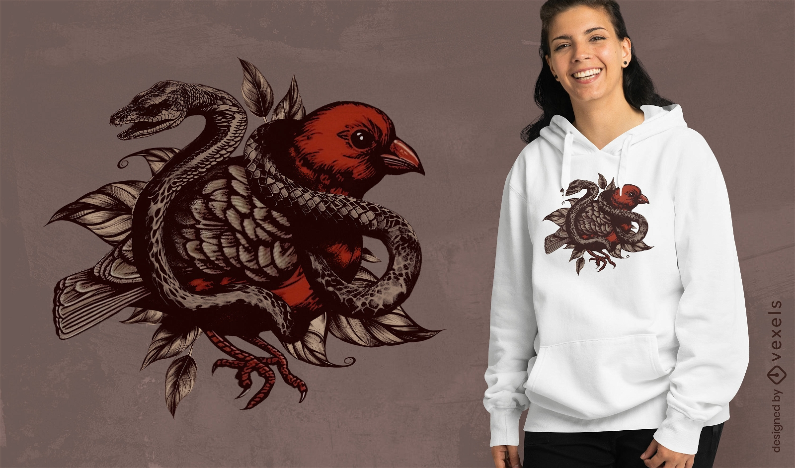 Diseño de camiseta de pájaro mítico y serpiente.