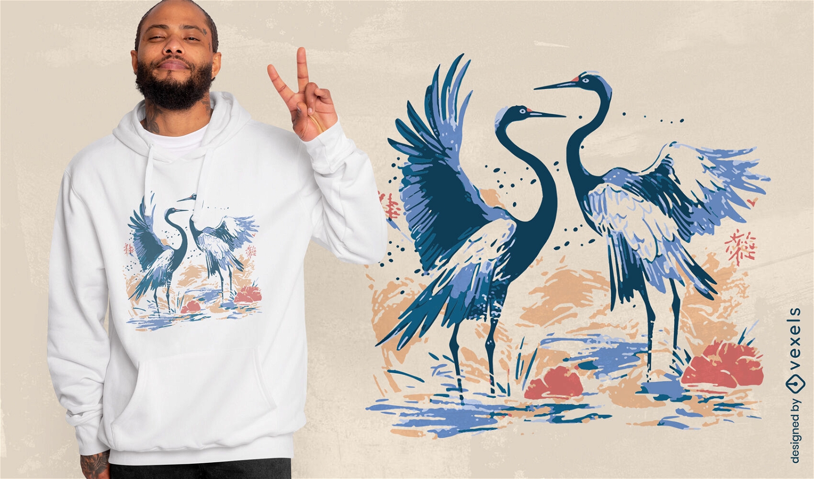 T-Shirt-Design mit Kranichvögeln und Tieren
