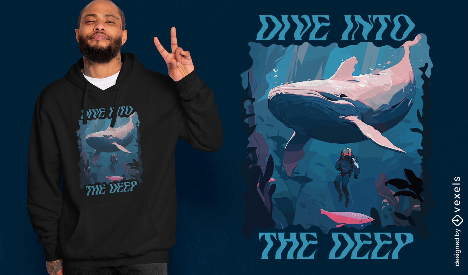 Design de camiseta de baleia nadando no oceano