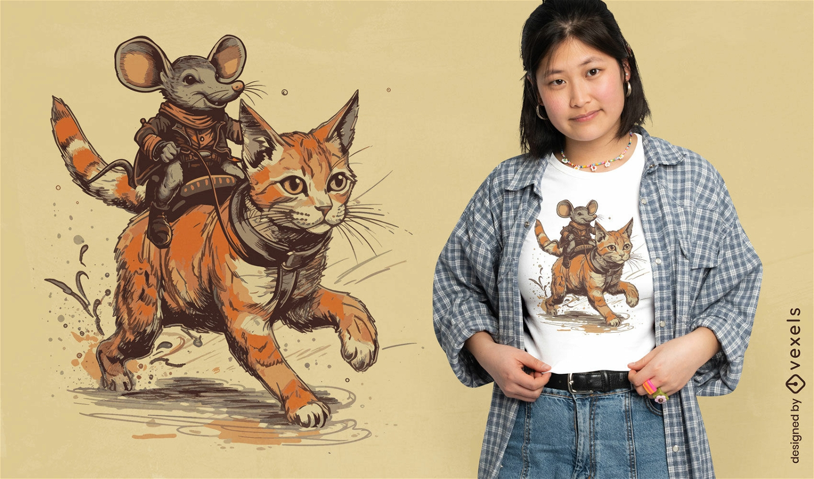 Ratón montando un diseño de camiseta de animal gato.