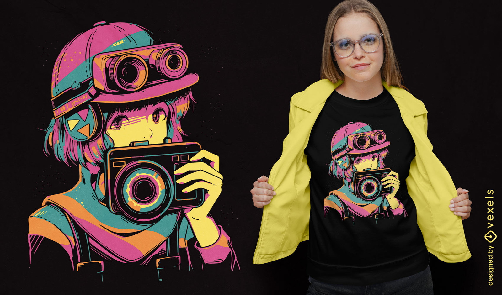 Garota de anime com design de camiseta de câmera