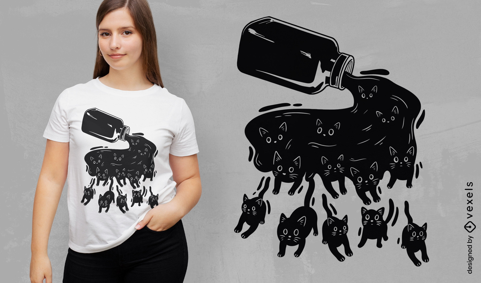 Diseño de camiseta de gatos saliendo de una botella.