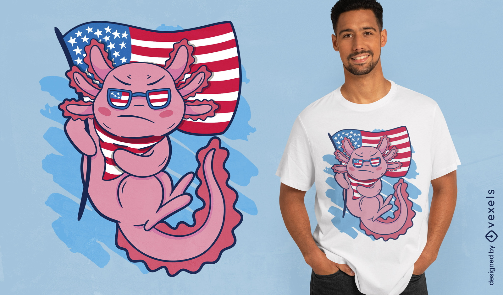 Diseño de camiseta de ajolote y bandera americana.