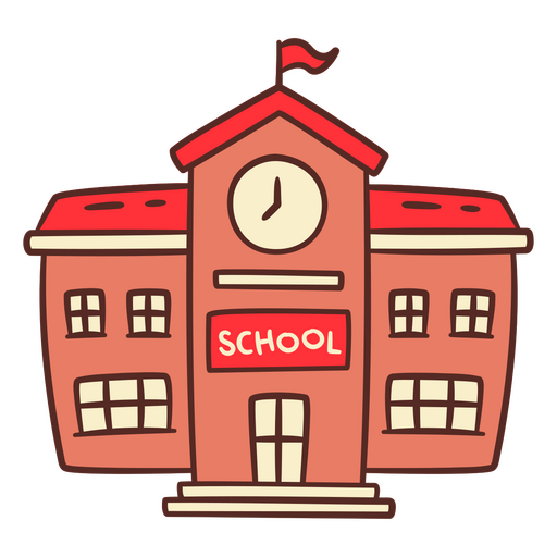 Edificio escolar con un reloj en el trazo de color. Diseño PNG