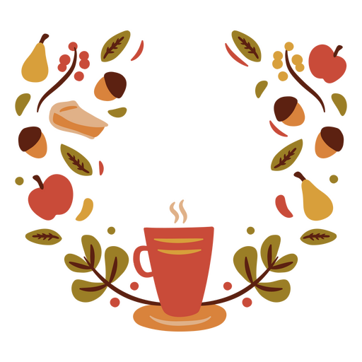 Corona con una taza de café, manzanas y peras. Diseño PNG