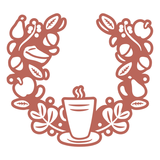 Coffee cup and leaves in a wreath PNG Design