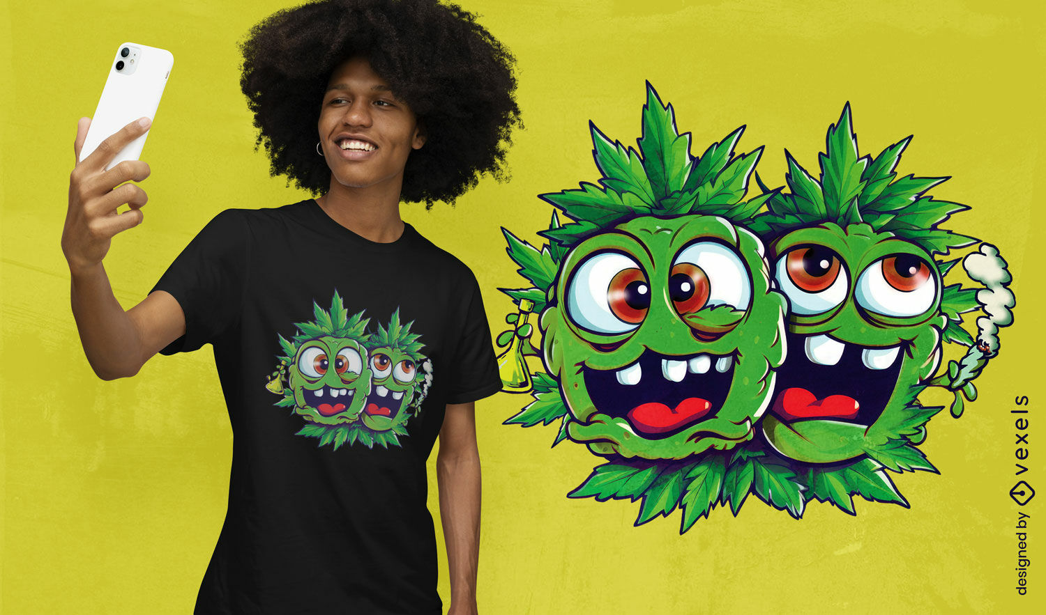 Design de camiseta com botões de maconha em desenho animado