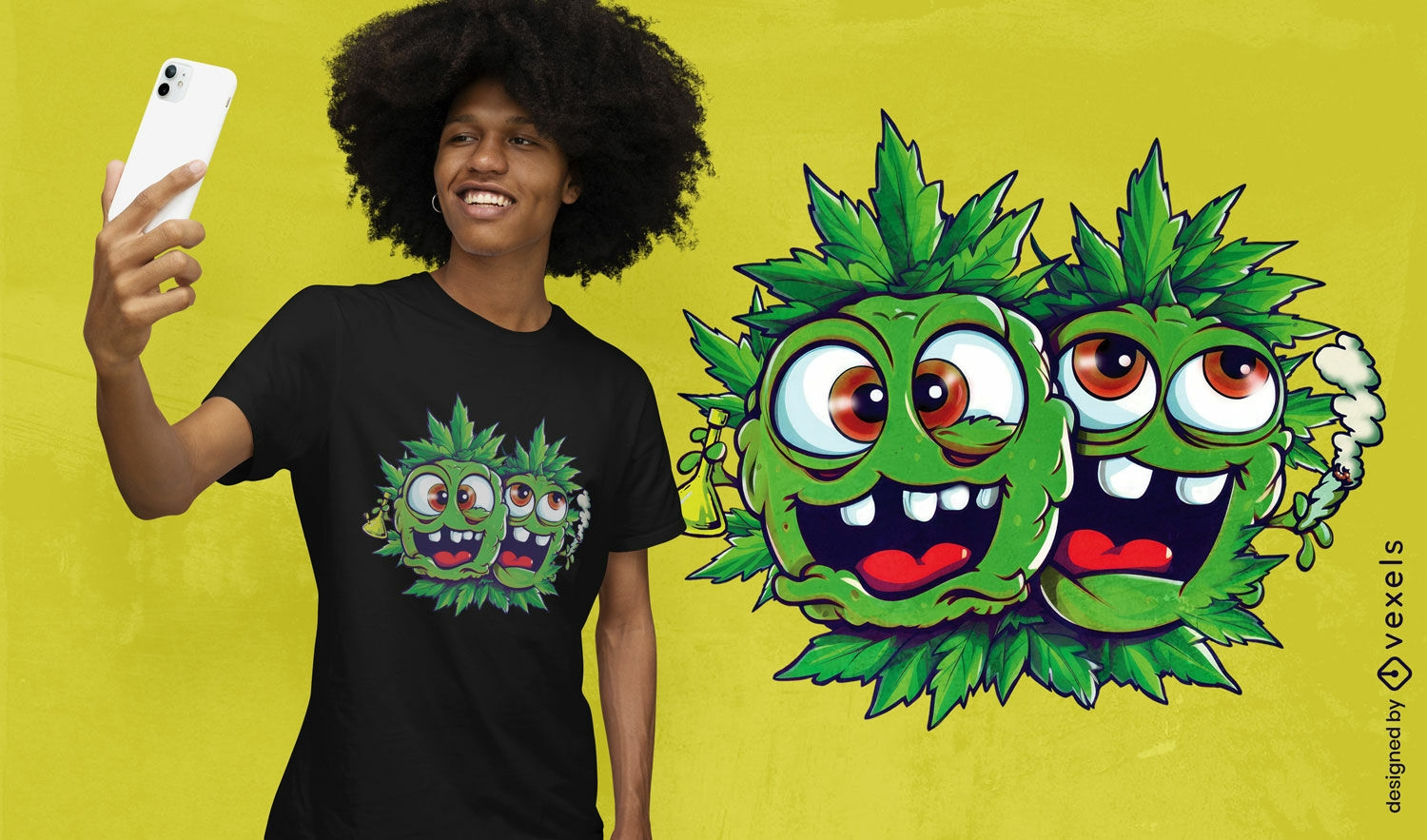 Diseño de camiseta de cogollos de marihuana de dibujos animados.