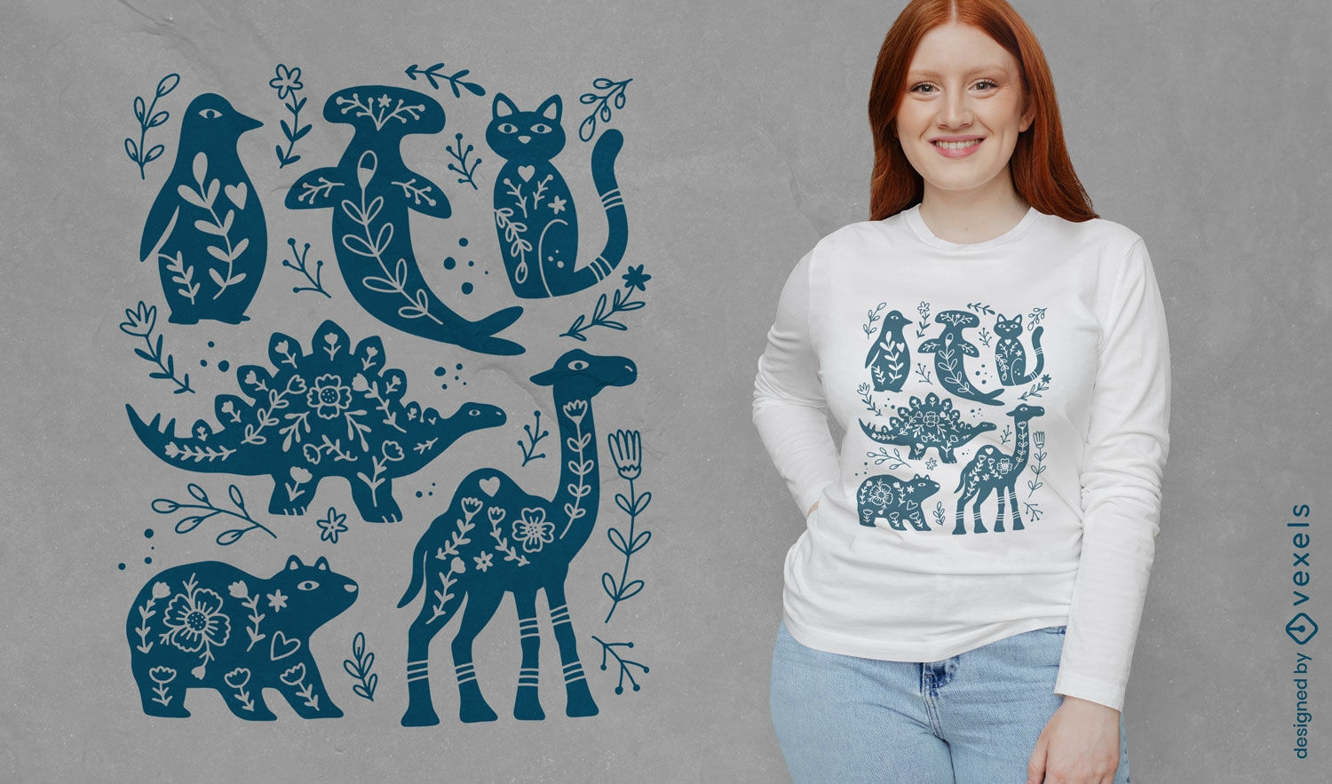 Design de camiseta com animais azuis recortados