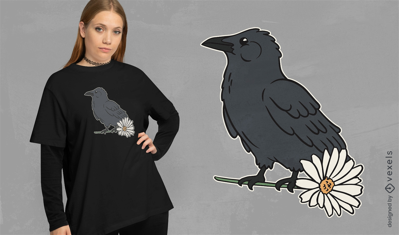 T-Shirt-Design mit Krähenvogel und Gänseblümchen