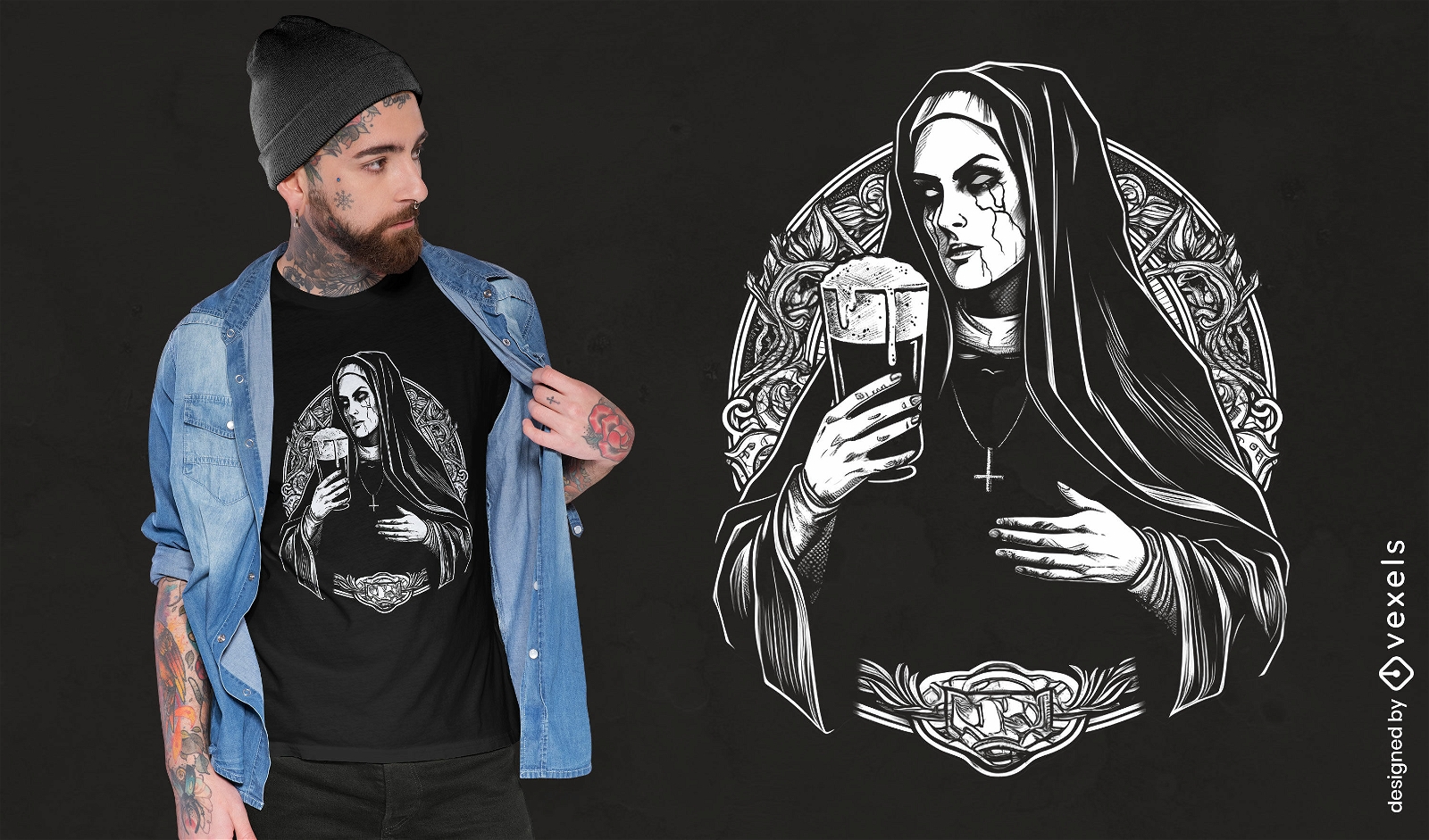 Dunkle Nonne mit Bier-T-Shirt-Design